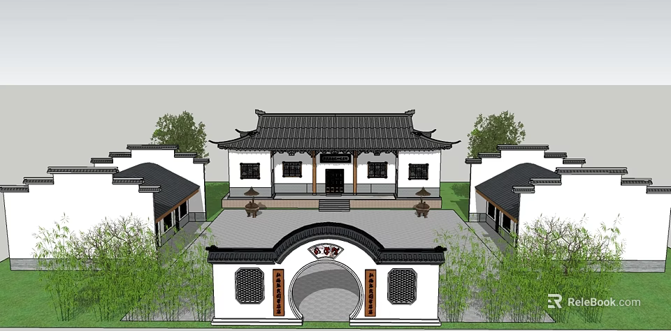 Traditional Chinese Ancient Architecture With Overhanging Eaves White Walls Black Tiles And Courtyard 3d model 