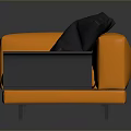 Modern Orange Sofa With Four Black Cushions And Small Square Gray Ottoman