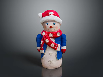 Handmade Snowman Character With Red Snowflake Hat Blue Coat Red Scarf And White Body 3d model