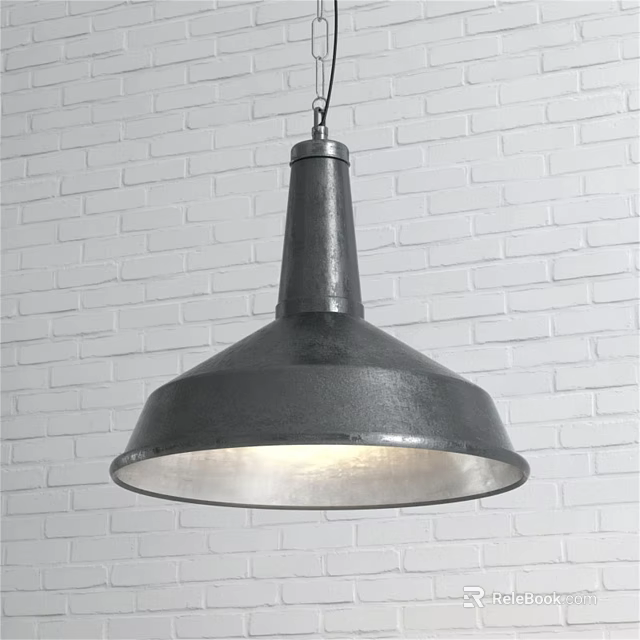Industrial Style Dark Gray Metallic Pendant Light With Wide Shade Against White Brick Wall 3d model 