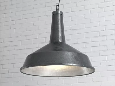 Industrial Style Dark Gray Metallic Pendant Light With Wide Shade Against White Brick Wall 3d model