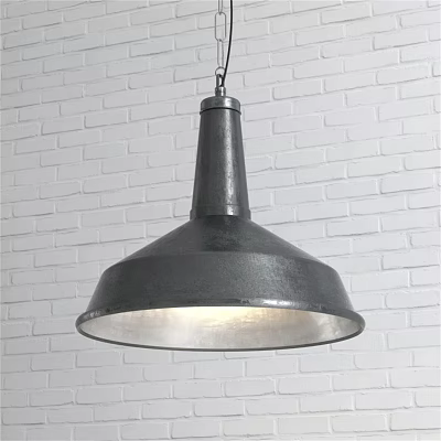 Industrial Style Dark Gray Metallic Pendant Light With Wide Shade Against White Brick Wall 3d model