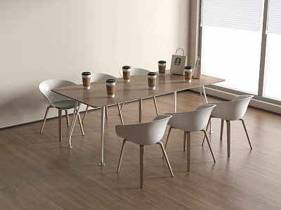 Modern Conference Table With Coffee Cups And White Chairs On Wooden Floor 3d model