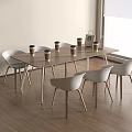 Modern Conference Table With Coffee Cups And White Chairs On Wooden Floor