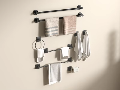 Black Wall Mounted Bathroom Accessories With Towel Racks Rings Towels And Toilet Paper Holders 3d model