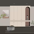 Modern Minimalist White Wardrobe With Cabinet Doors Arched Open Niche Decorative Painting Wooden Flooring