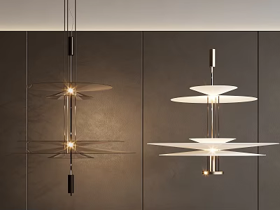 Two Modern Chandeliers With Metal Structures And Layered Disc Shades On Dark Wall 3d model