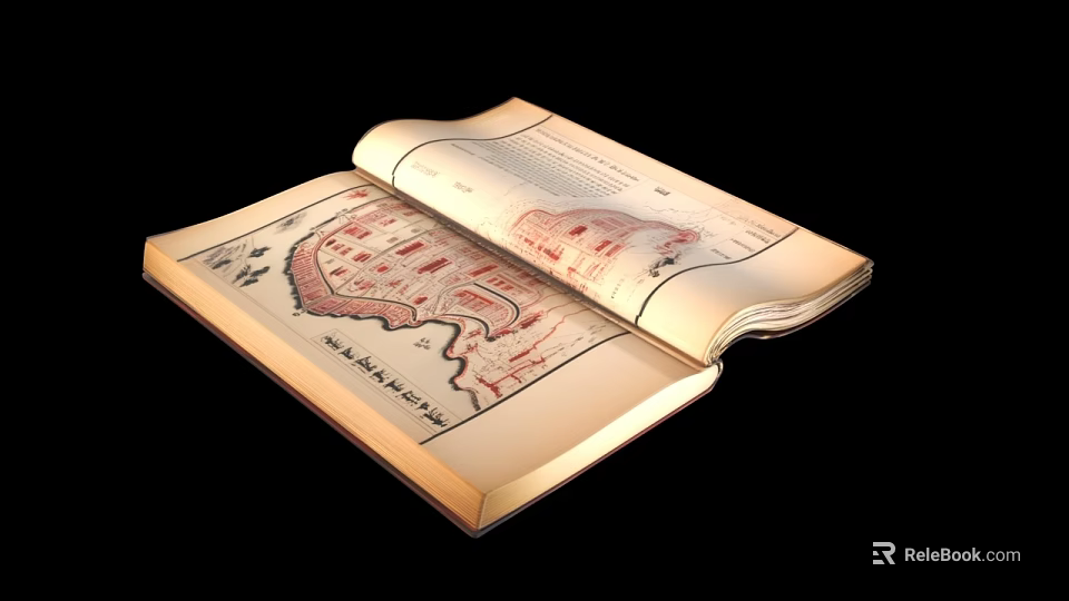 Vintage Wooden Bookcase Displaying Open Old Book With Historical Map And Ancient Text 3d model 