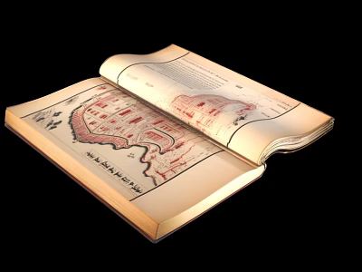 Vintage Wooden Bookcase Displaying Open Old Book With Historical Map And Ancient Text 3d model