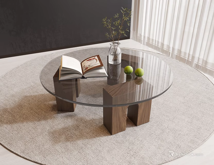 Round Glass Coffee Table with Wooden Base Open Book Vase Green Apples on Gray Rug 3d model 