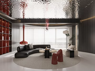 Modern Living Dining Room Interior With Red Walls Black Sofa Red Chairs And Round Rug 3d model