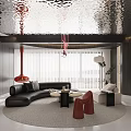 Modern Living Dining Room Interior With Red Walls Black Sofa Red Chairs And Round Rug