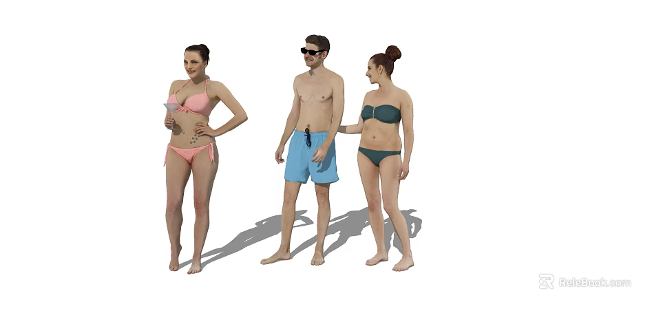 Three People in Pink Bikini Blue Shorts and Dark Green Bikini Standing Together 3d model 