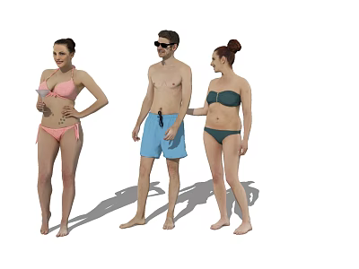 Three People in Pink Bikini Blue Shorts and Dark Green Bikini Standing Together 3d model