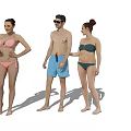 Three People in Pink Bikini Blue Shorts and Dark Green Bikini Standing Together