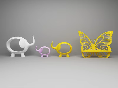 Vibrant Animal Themed Single Chairs Featuring Elephant Butterfly Shapes In White Pink Yellow 3d model