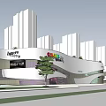 Modern Commercial Street with Contemporary Architecture High Rise Buildings Greenery and Storefronts