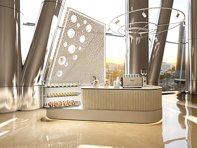 Modern Bar Counter With Curved Design Glass Display Shelves Metal Accents And Ambient Lighting 3d model