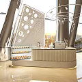 Modern Bar Counter With Curved Design Glass Display Shelves Metal Accents And Ambient Lighting