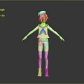 3D Model Character With Pink White Hair Hat Striped Top Shorts And Thigh High Socks