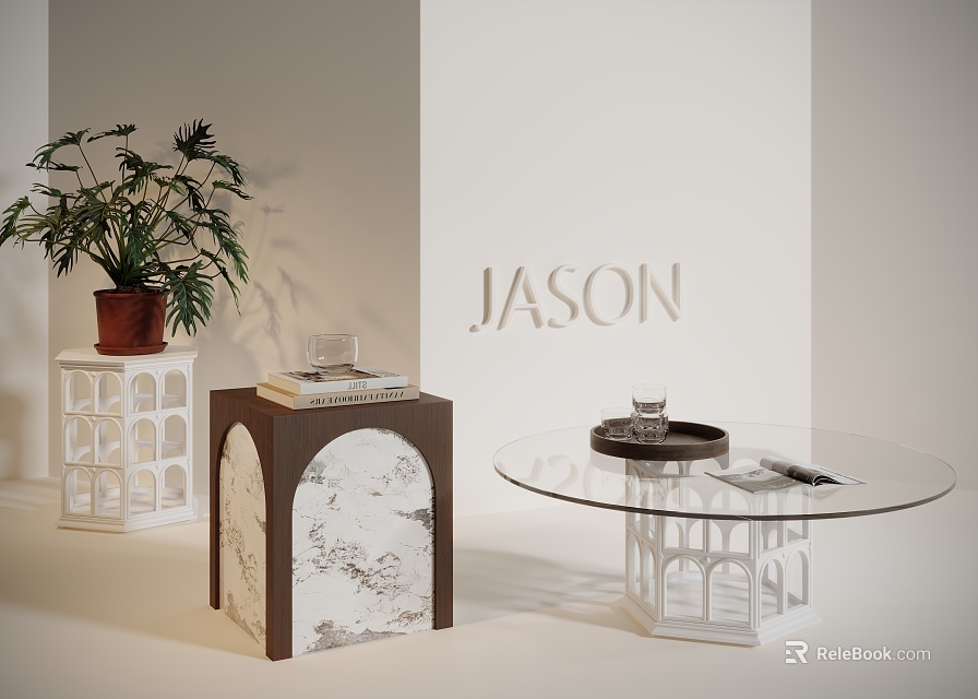 Modern Round Glass Coffee Table With White Shelf Marble Cabinet Plant Books And Tray 3d model 