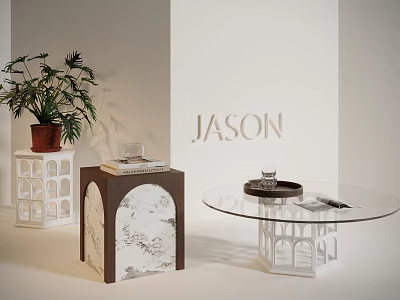 Modern Round Glass Coffee Table With White Shelf Marble Cabinet Plant Books And Tray 3d model