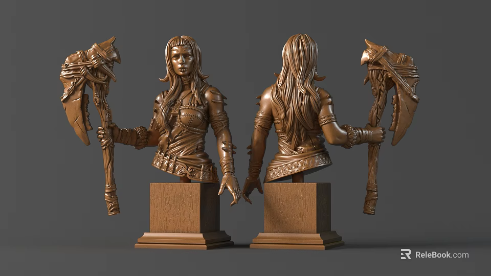 Detailed Bronze Female Bust Sculptures With Axe And Handcrafted Wooden Base 3d model 