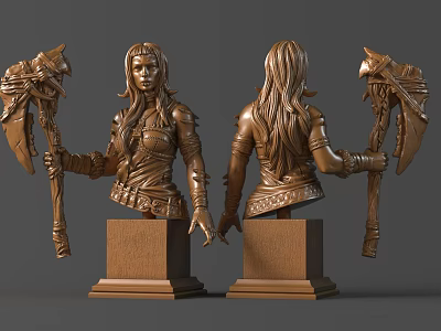 Detailed Bronze Female Bust Sculptures With Axe And Handcrafted Wooden Base 3d model