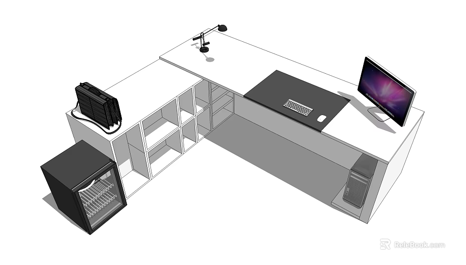 L Shaped Desk Workspace With Computer Monitor Keyboard Mouse Desk Lamp And Storage Shelves 3d model 
