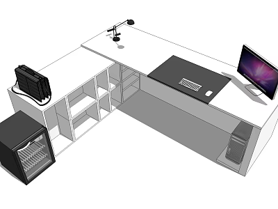 L Shaped Desk Workspace With Computer Monitor Keyboard Mouse Desk Lamp And Storage Shelves 3d model