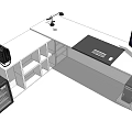 L Shaped Desk Workspace With Computer Monitor Keyboard Mouse Desk Lamp And Storage Shelves