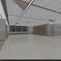 School Hall with White Floor Tiles Colorful Geometric Ceiling Wooden Lockers and Large Windows