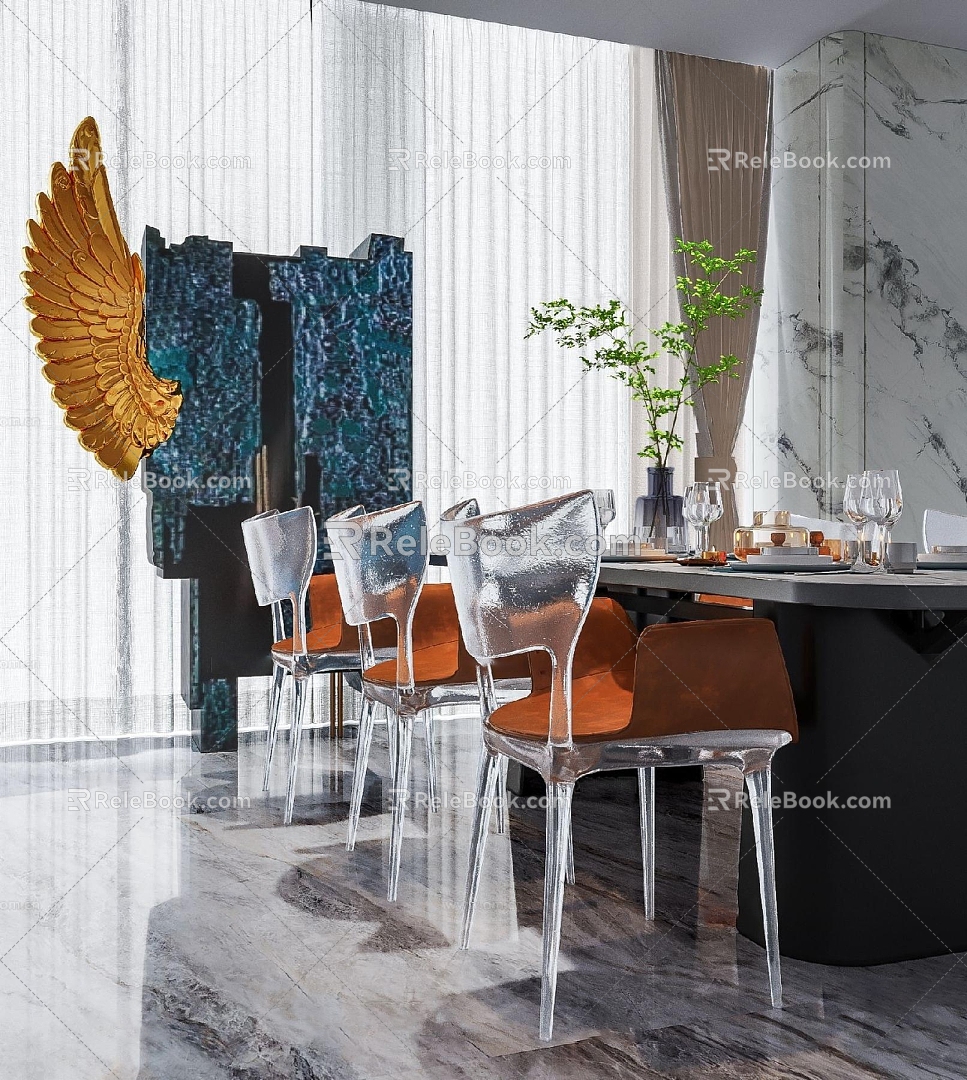 Modern Home Restaurant Light Luxury Restaurant No Main Lamp Restaurant Acrylic Dining Chair Glass Dining Chair Italian Family Restaurant 3d model