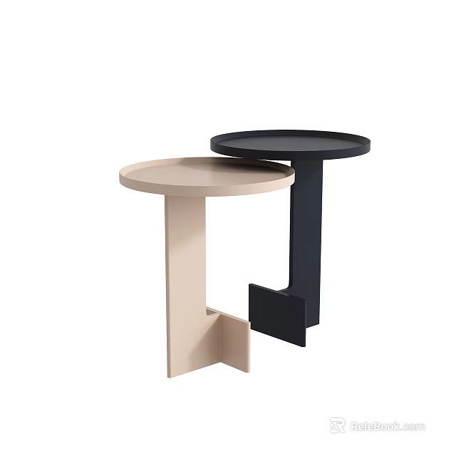 Modern Light and Black Round Top Side Tables with Geometric Base Design 3d model