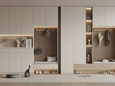 Modern Built in Shoe Cabinet With Bench Seat Coat Hooks Lighting And Organized Shoes 3d model