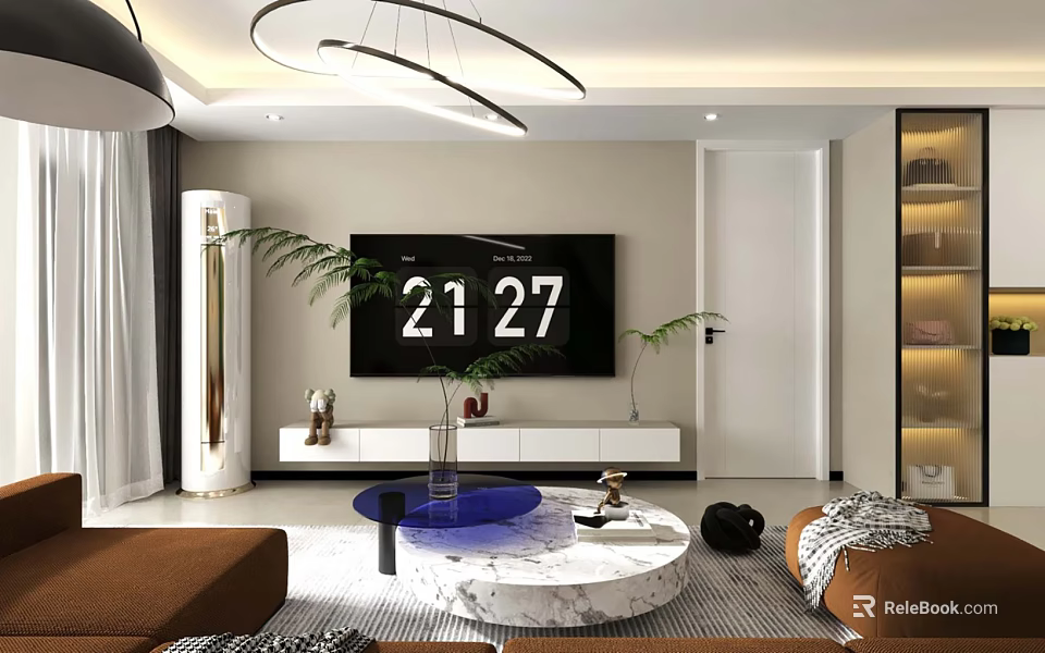 Modern Minimalist Living Room Interior With Marble Coffee Table And Comfortable Indoor Green Plants 3d model 