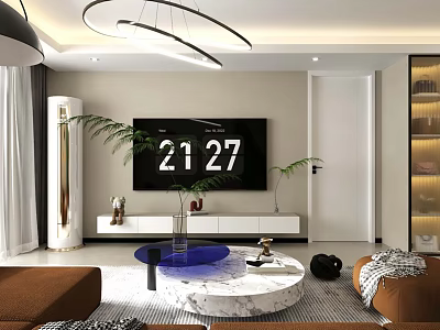 Modern Minimalist Living Room Interior With Marble Coffee Table And Comfortable Indoor Green Plants 3d model