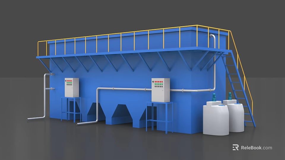 Blue Industrial Equipment Platform With Yellow Railings Control Panels And Storage Tanks 3d model 