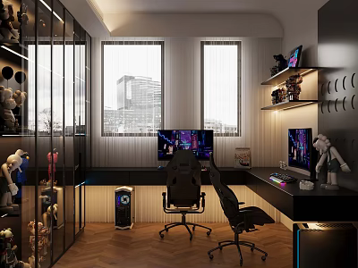 Modern Gaming Room Interior With Dual Monitors Gaming Chairs And Action Figures 3d model