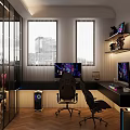 Modern Gaming Room Interior With Dual Monitors Gaming Chairs And Action Figures