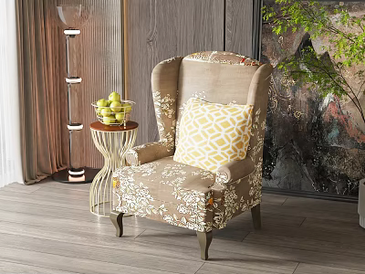 Floral Pattern Single Sofa With Geometric Throw Pillow Side Table Fruits Floor Lamp Wooden Wall Artwork 3d model