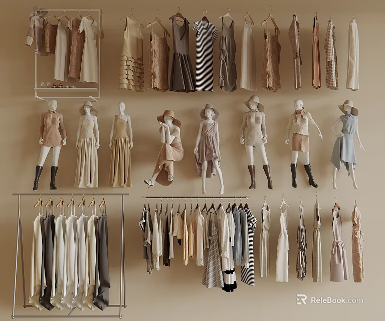 Fashionable Neutral Toned Clothes Display With Mannequins And Hanging Racks 3d model 