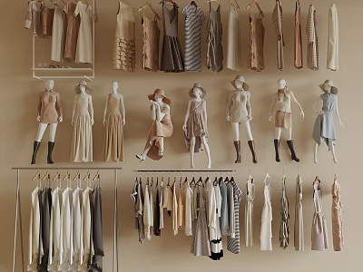 Fashionable Neutral Toned Clothes Display With Mannequins And Hanging Racks 3d model