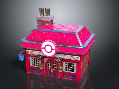 Cartoon Scene of Pink Building with Red Roof Chimney Circular Sign and Window Flower Pots 3d model