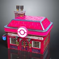 Cartoon Scene of Pink Building with Red Roof Chimney Circular Sign and Window Flower Pots
