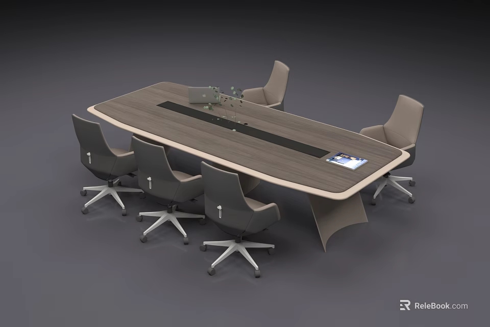 Modern Conference Table For Office With Ergonomic Chairs Wooden Top And Documents 3d model 