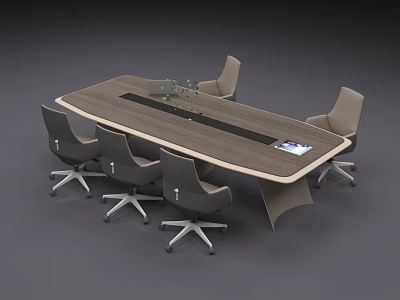 Modern Conference Table For Office With Ergonomic Chairs Wooden Top And Documents 3d model