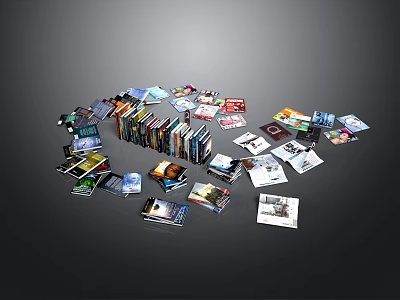 Household Items Including Books And Magazines Scattered On Black Background 3d model