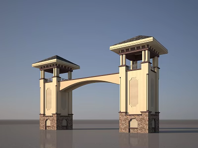 Elegant Classical Entrance Gate With Twin Towers Arched Structure And Stone Base 3d model