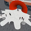 Orange Arched Entrance Gate With People Gathered Around White Artistic Ground Design And Circular Seating
